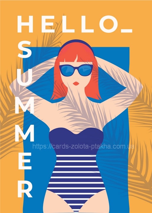 Retro-Illustration einer Rothaarigen im gestreiften Badeanzug und Sonnenbrille zwischen Palmenblättern