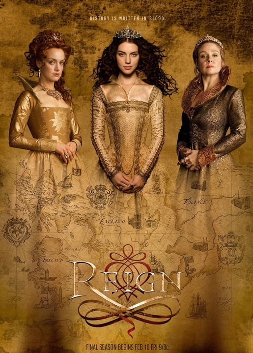 Postkarte zum Reign-Staffelfinale: drei Frauen in goldenen Kleidern vor einer alten Landkarte