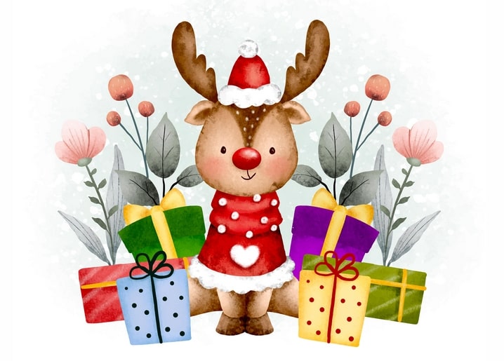 Aquarell-Rentier im Weihnachtspullover zwischen Geschenken und rosa Blumen