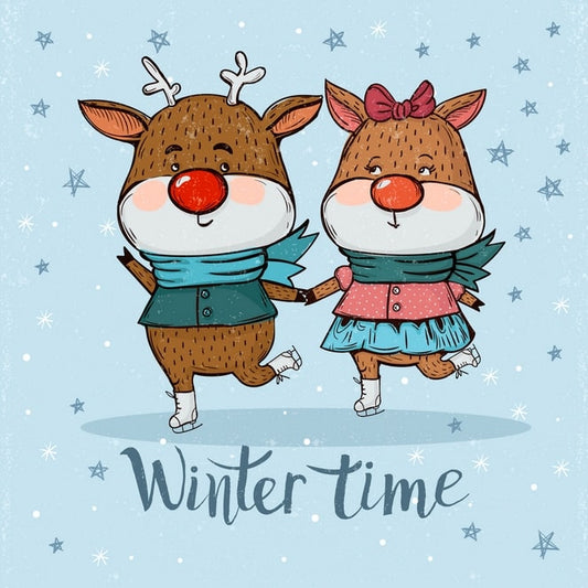 Two cartoon reindeer in scarves ice skating under a Winter Time banner