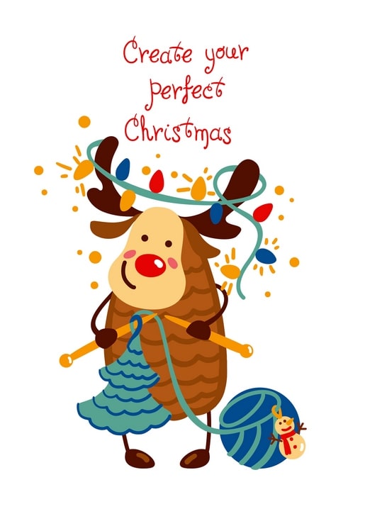 Illustrated reindeer knitting a Christmas tree ornament while tangled in string lights