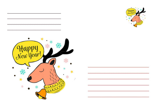 «Ілюстрований олень у жовтому шарфику з написом «Happy New Year!» на зимовому конверті»