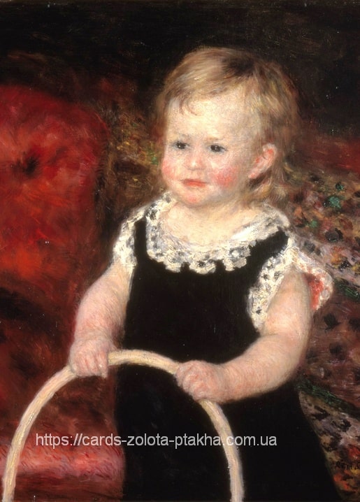 Renoir's Child with a Hoop: toddler in black velvet dress holding a large hoop