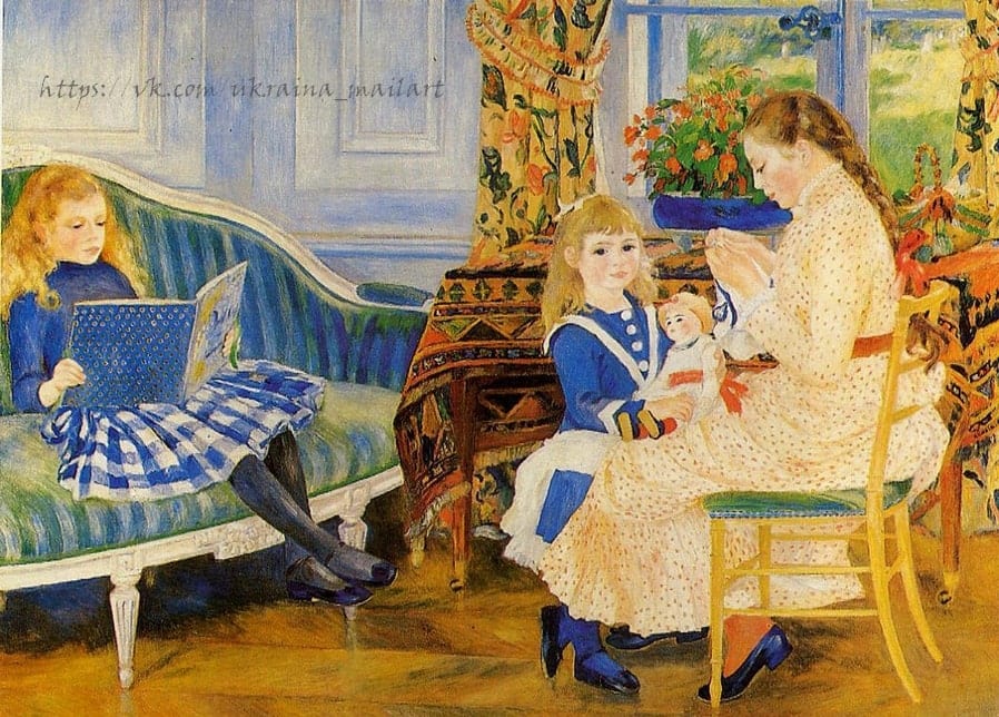 Renoir's 1884 painting of three girls at Wargemont: sewing, reading and playing with a doll in a sunlit room