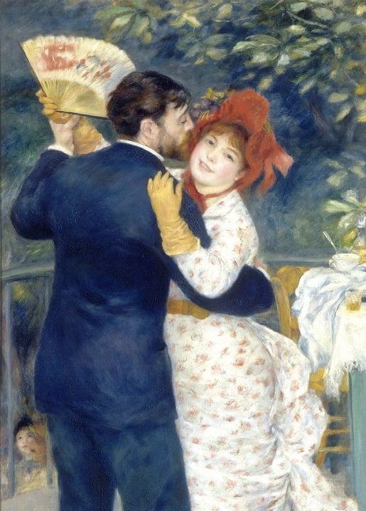 Renoir painting of a couple dancing outdoors, her hat trimmed with red feathers