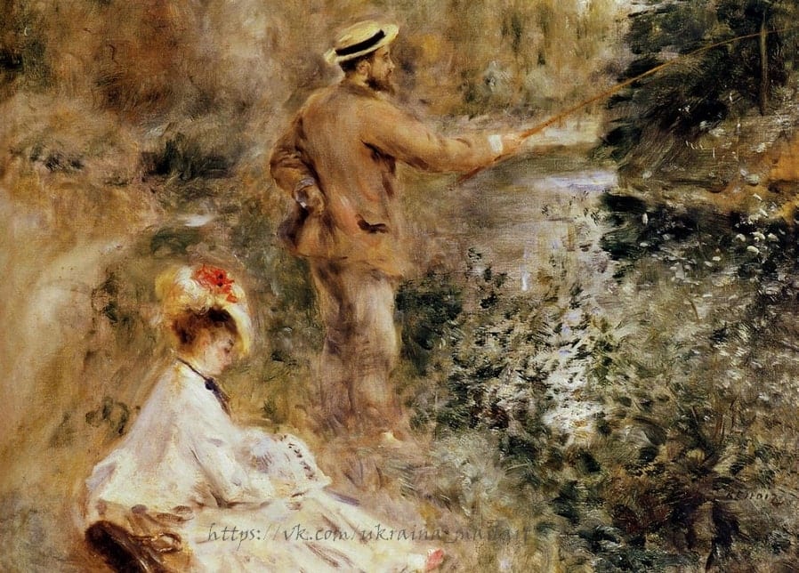 Renoir's 1874 painting Fishing: a man in a straw hat angling by a river, a woman in white seated in the grass