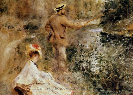 Renoir's 1874 painting Fishing: a man in a straw hat angling by a river, a woman in white seated in the grass