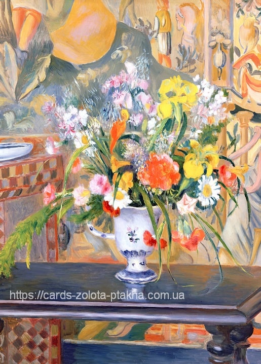White pitcher overflowing with irises, carnations and daisies against a painted folding screen