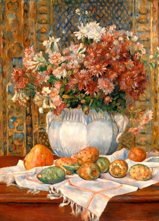 Renoir still life with chrysanthemums, prickly pears and pears on a cloth
