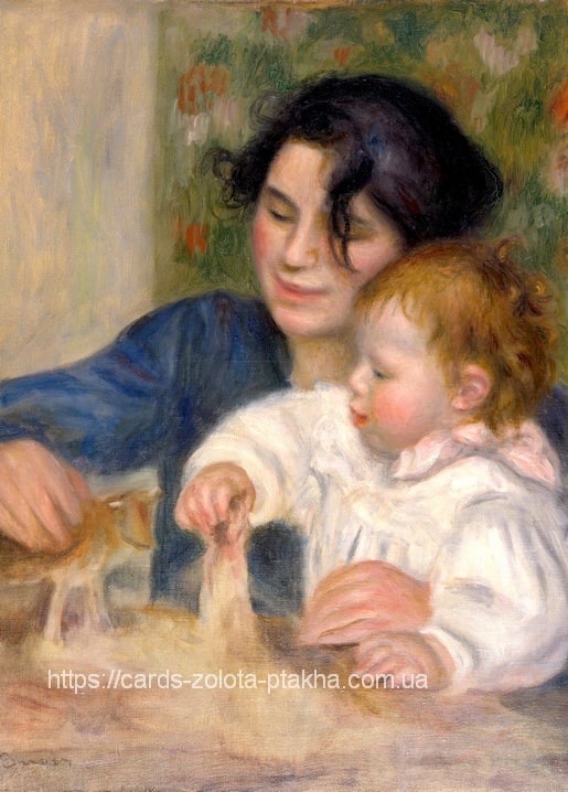 Gabrielle Renard watches young Jean Renoir play with a toy figure at the table