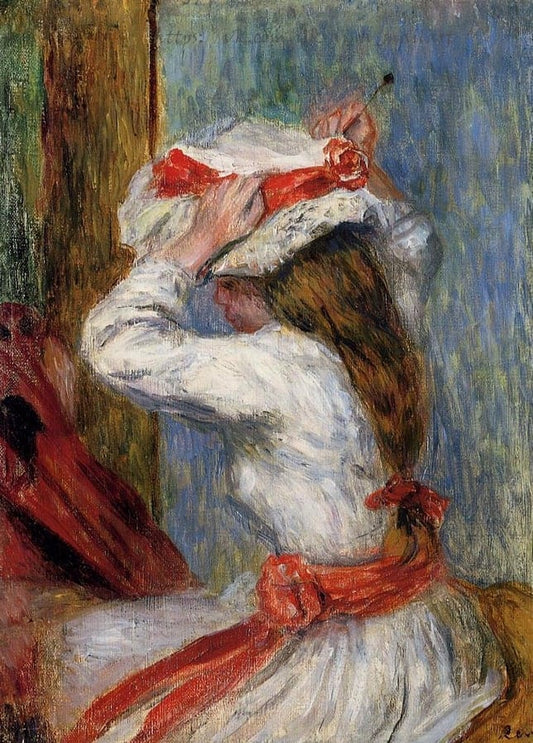 Renoir's La Coiffure — a woman in profile tying a red-ribboned hat over her hair