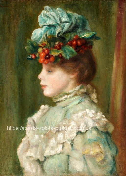 Renoir's 1880 profile portrait of a girl in a teal hat trimmed with cherries
