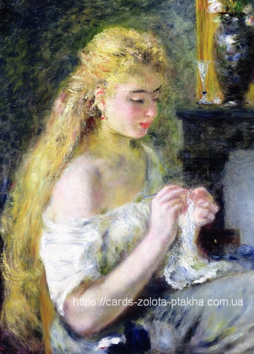 Renoir's Girl Crocheting: young woman with loose blonde hair working a lace hook