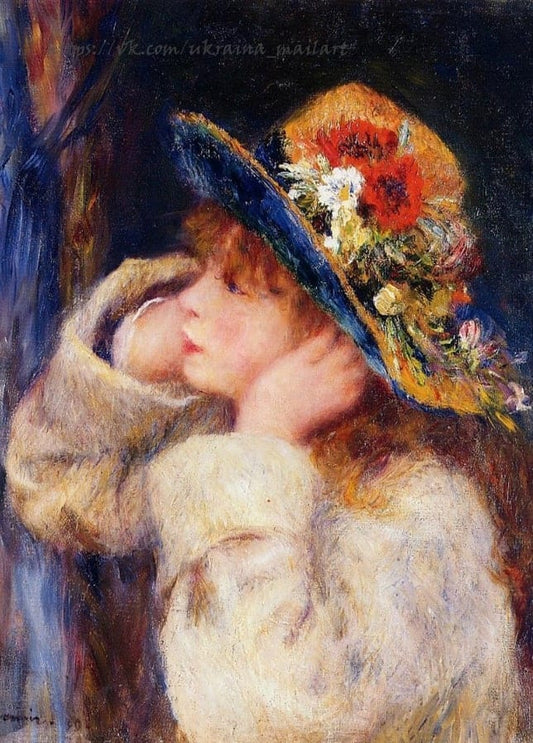 Renoir 1880 portrait of a young girl adjusting a straw hat trimmed with poppies and daisies