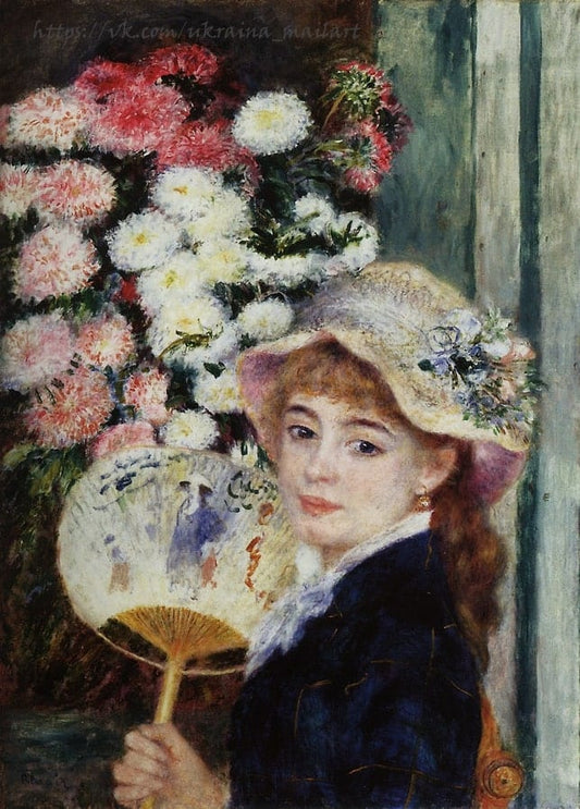 Renoir painting: Alphonsine Fournaise holding a painted fan in front of chrysanthemums, 1881