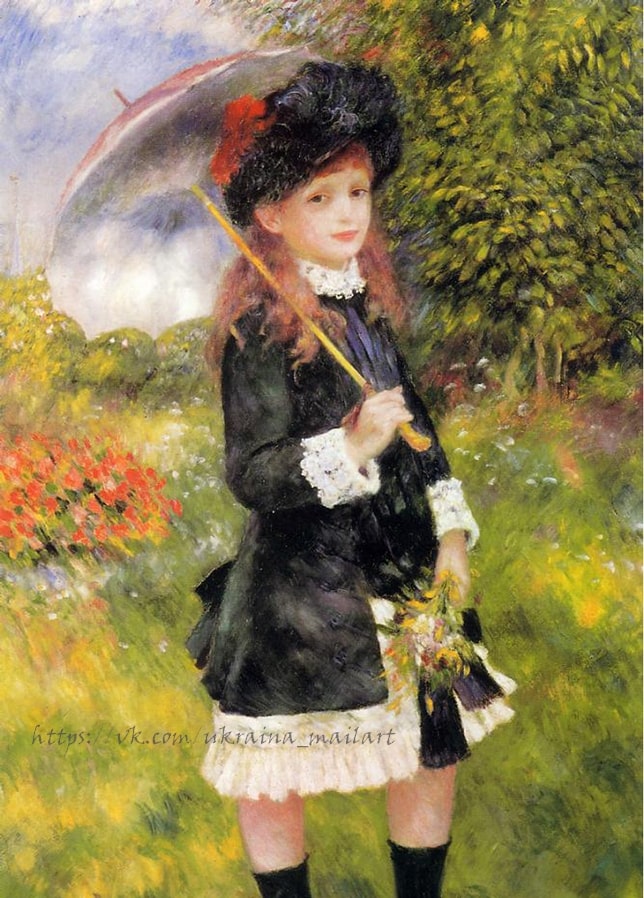 Renoir's Girl with a Parasol — a red-haired girl in a black hat beside red poppies