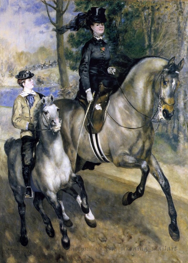 Renoir's 1873 painting of a horsewoman on a grey horse beside a mounted groom in the Bois de Boulogne