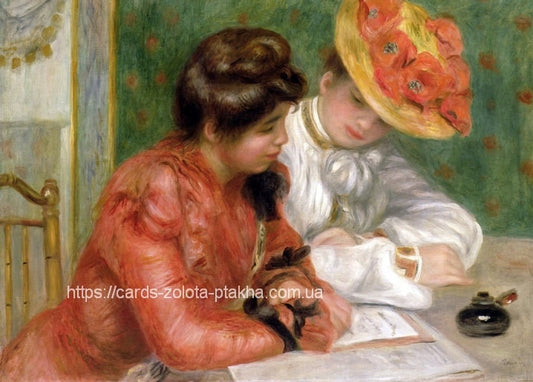 Renoir's La Lettre: woman in red writing a letter beside a friend in a flowered hat, inkwell on the table