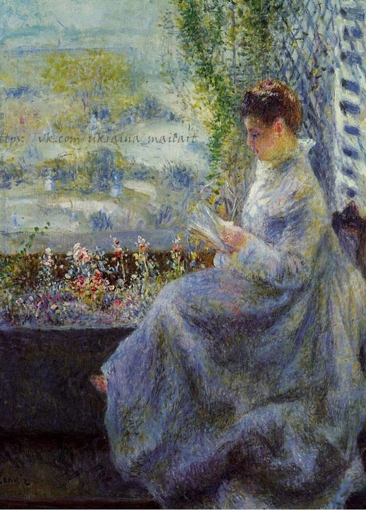 Impressionist painting of a woman reading a book on a vine-covered terrace