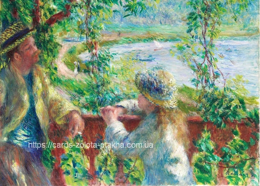 Renoir's Near the Lake: three friends on a terrace above the water, hats catching the summer breeze