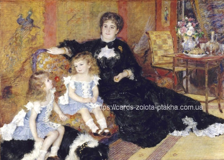 Renoir portrait of Madame Charpentier seated with her two daughters and family dog