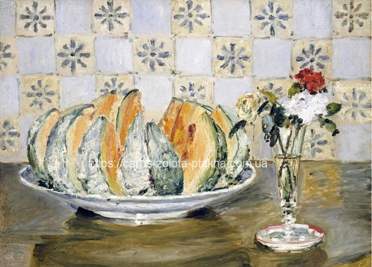 Renoir's Still Life with Melon: sliced melon on a plate against checkered tiles, small vase of flowers nearby