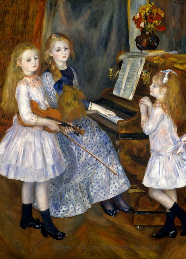 Renoir's 1888 painting of the Mendès sisters gathered at a piano with violin and flowers