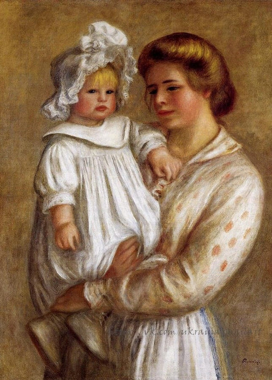 Renoir's 1903 painting of a mother in a polka-dot dress holding a blond toddler in a lace bonnet