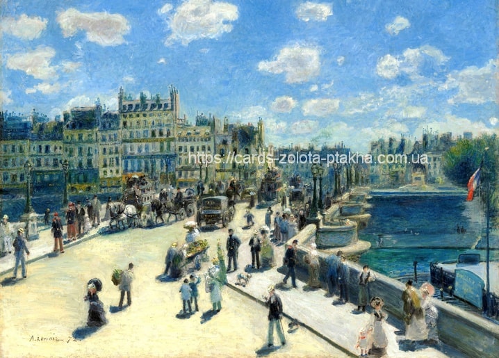 Renoir painting of Pont Neuf bridge in Paris with carriages and sunlit sky