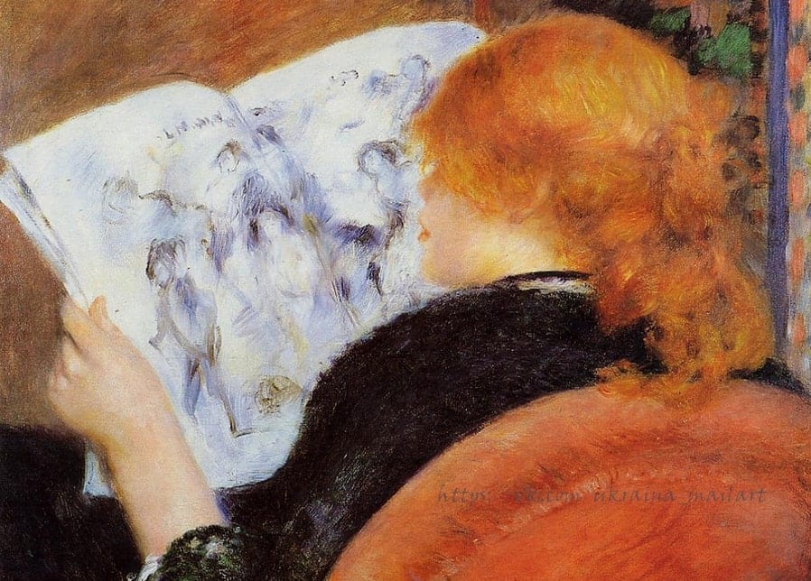 Renoir's 1880 painting of a copper-haired woman reading an illustrated journal, seen from behind