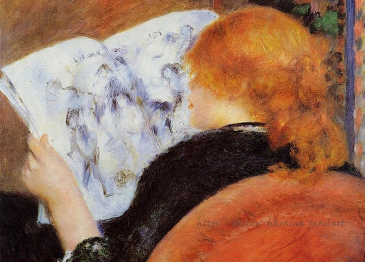 Renoir's 1880 painting of a copper-haired woman reading an illustrated journal, seen from behind