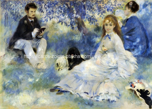 Renoir's On the Grass: a man reading under wisteria beside a woman in white lying in the grass with a small dog