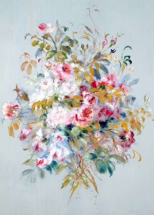 Renoir's Roses from Wargemont — pink and white roses loose on a blue-grey ground