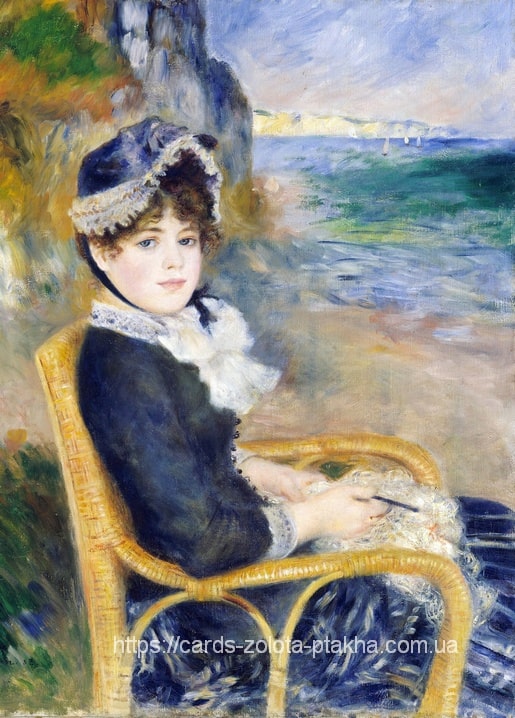 Renoir's 1883 painting of a woman in a wicker chair with sailboats at sea