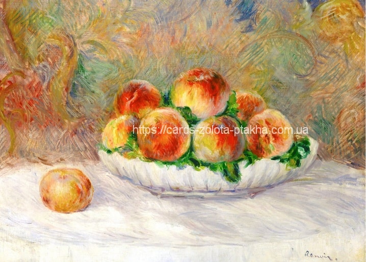 Renoir's 1882 still life with peaches on a plate, one peach set apart