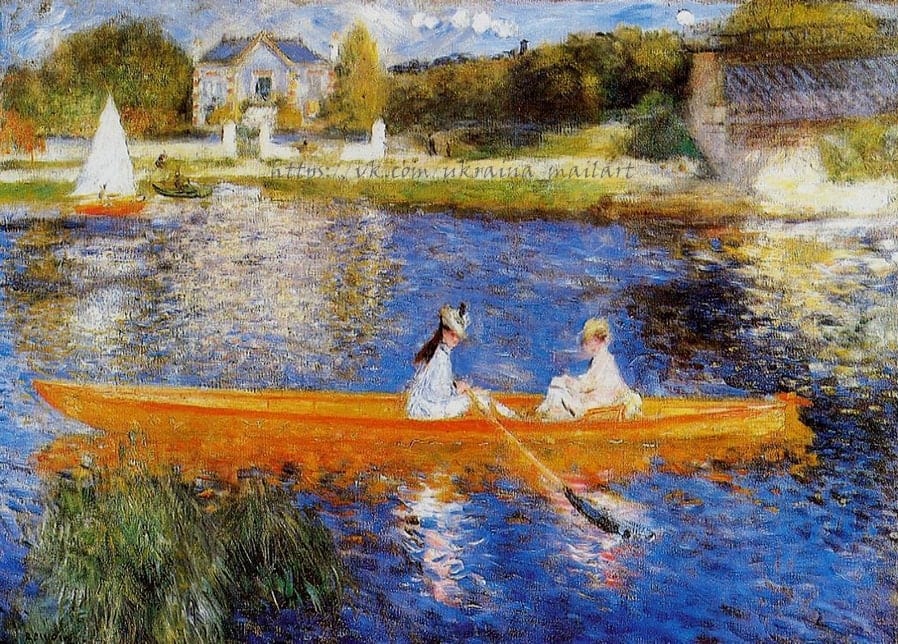 Renoir's 1875 painting The Skiff: two women in white in a vivid orange rowing boat on the blue Seine