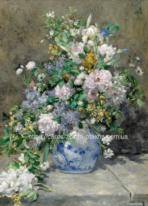 Blue-and-white Chinese vase with peonies, lilac and iris, loose blooms on a stone ledge
