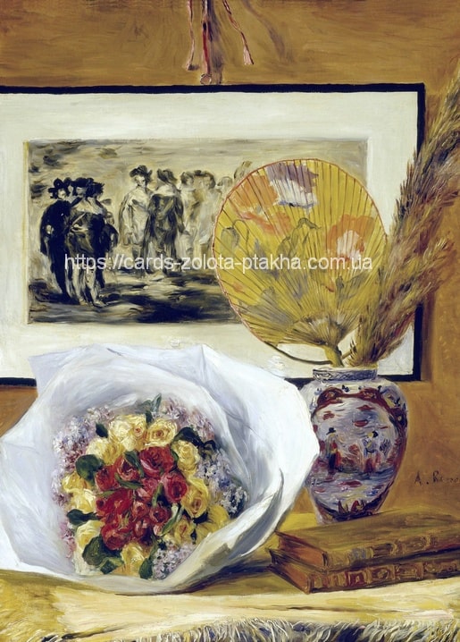 Paper-wrapped roses beside a Chinese vase, folding fan, and books in Renoir's 1871 still life