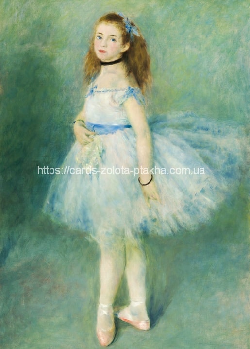 Renoir's The Dancer — young ballerina in a pale blue tutu and pink ballet slippers
