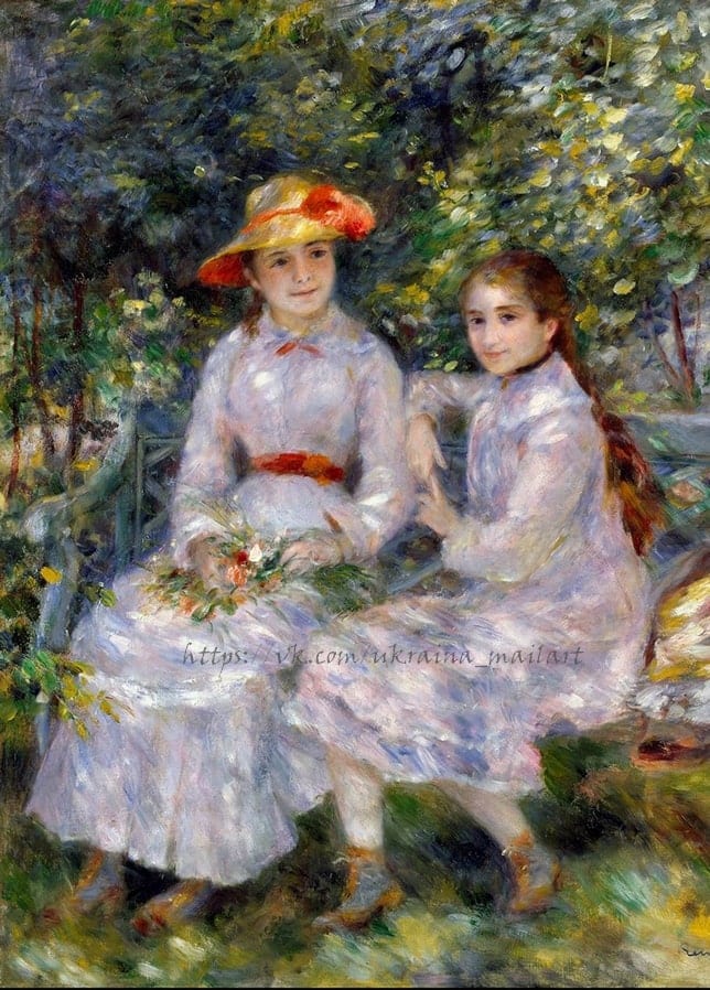 Renoir's ‘Two Girls in the Garden’ — two sisters on a bench in dappled sunlight, art postcard