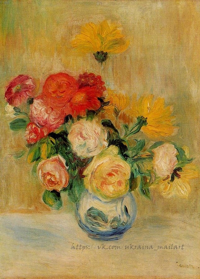Renoir's still life of red, pink and yellow flowers in a blue-and-white vase