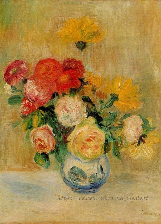 Renoir's still life of red, pink and yellow flowers in a blue-and-white vase