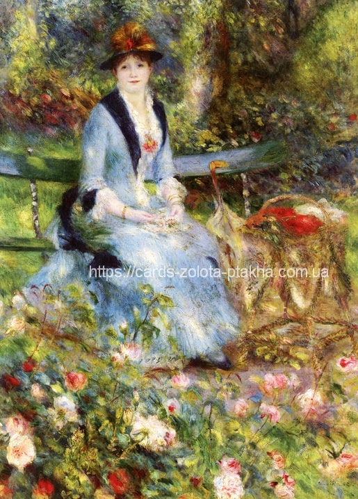 Renoir's Woman Among Flowers — woman in pale blue seated on a garden bench among roses