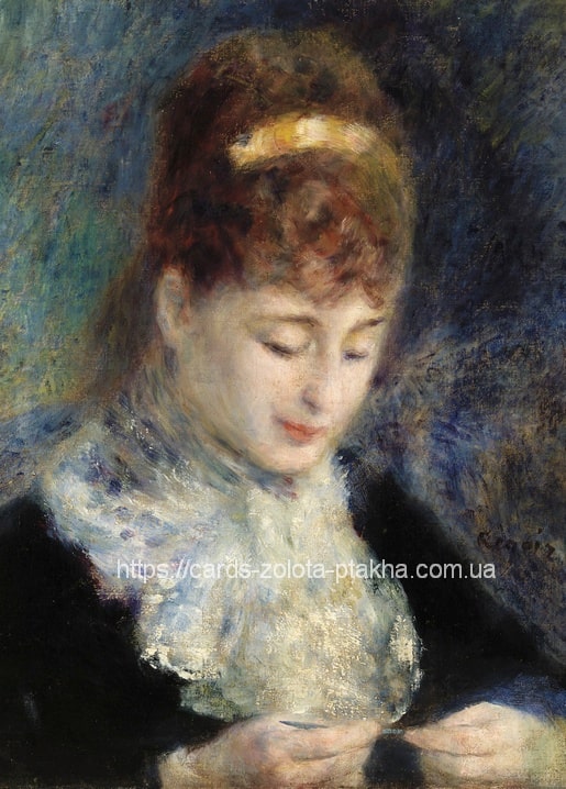 Renoir's 1877 portrait of a red-haired woman crocheting with a lace collar
