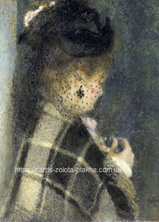 Profile portrait of a woman in a dotted veil and checked coat, eyes lowered