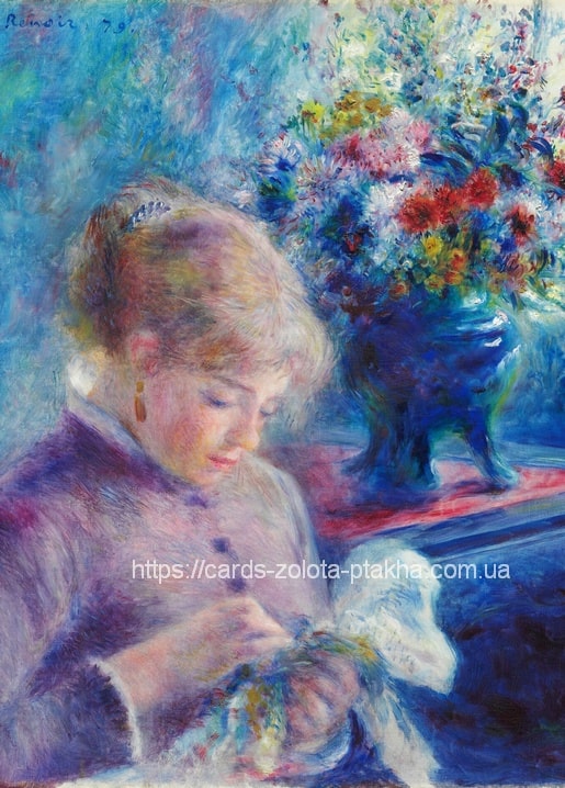 Renoir's 1879 painting of a young woman sewing beside a blue vase of flowers