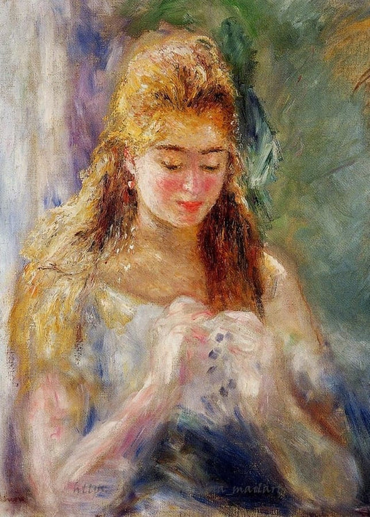 Renoir's 1879 painting of a young woman bent over her sewing, blue-green background