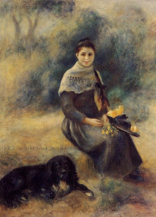 Renoir's 1880 painting of a young woman with a flowered hat and a black spaniel at her feet