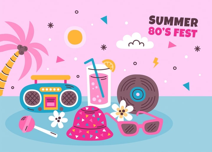 Illustrated postcard with retro 80s beach objects: boombox, vinyl record, sunglasses, and lemonade