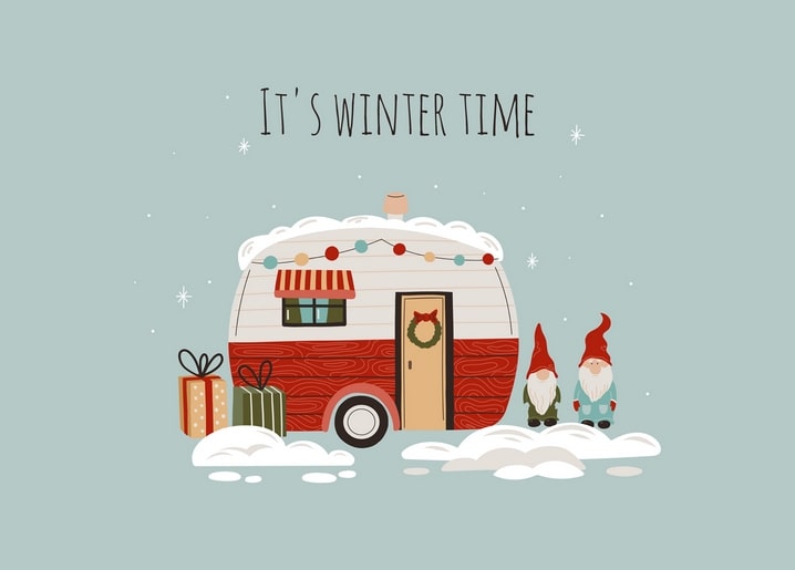 Illustrated red camper trailer with lights, a wreath, two gnomes, and wrapped gifts in the snow